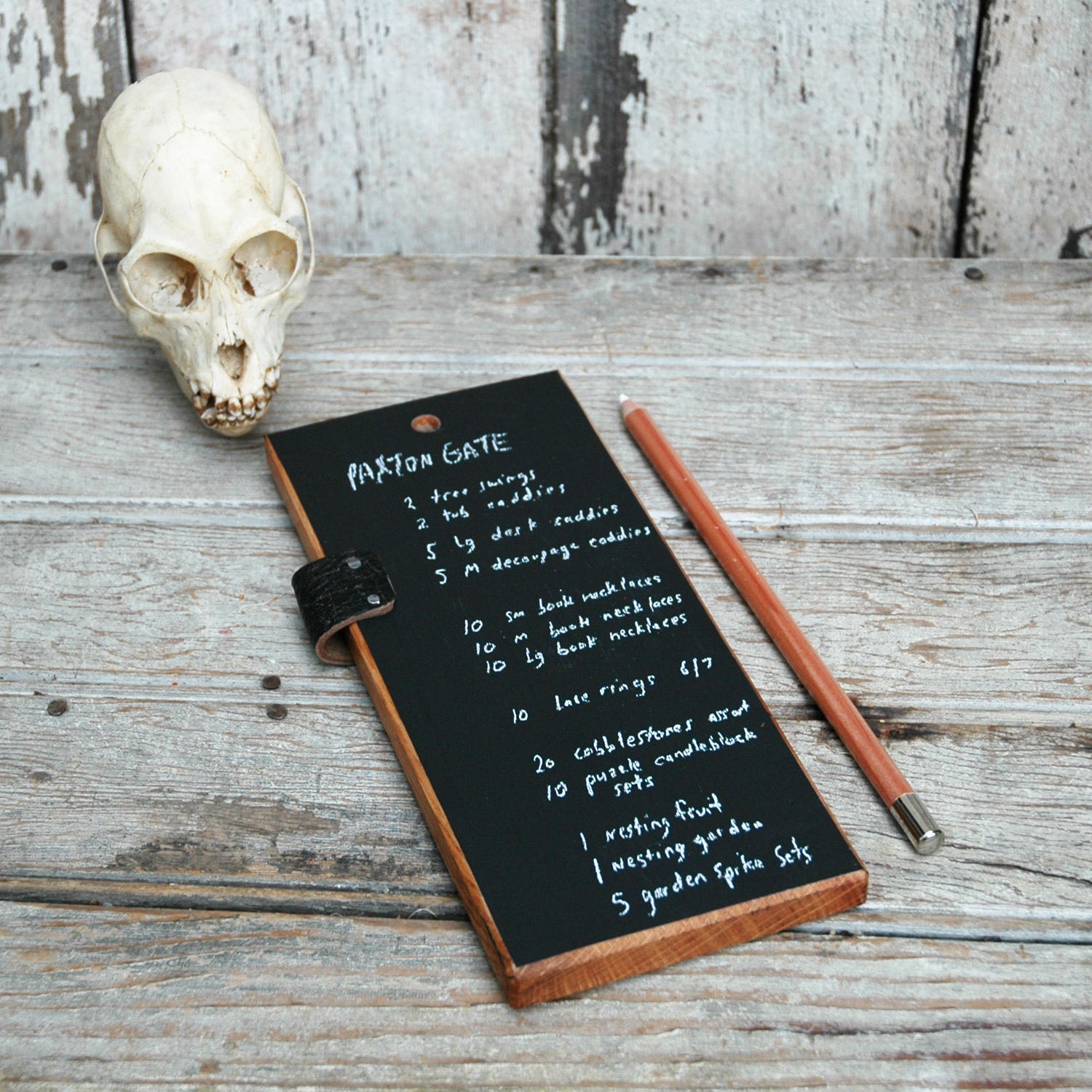 Chalkboard Tablet: Reclaimed wood and leather.