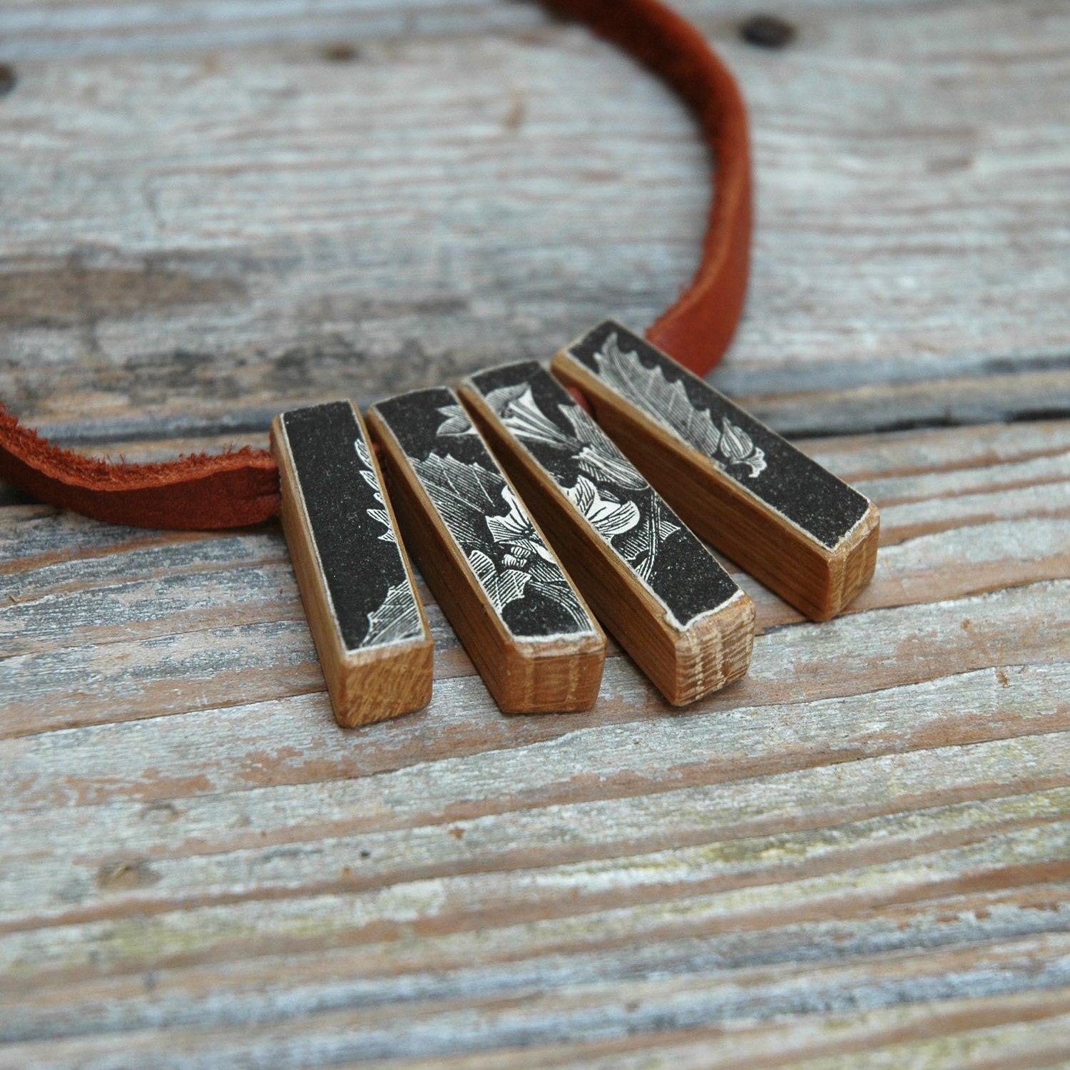 Botanical Necklace - Reclaimed Oak and Leather with 1800s Medical Book Decoupage