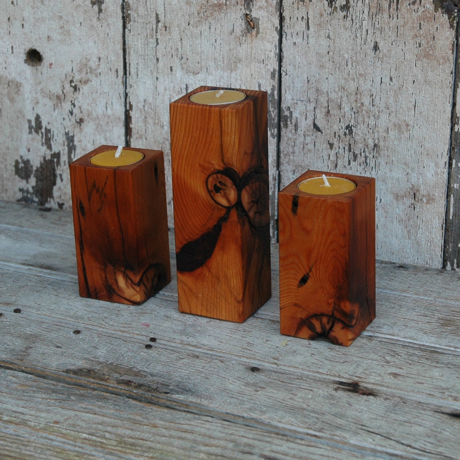 Smoke Stacks- 3 Recycled Olde Growth Pine Candle Holders