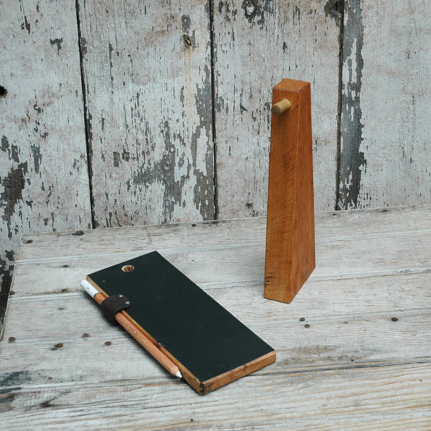 Chalkboard Tablet and Stand: Reclaimed wood and leather.