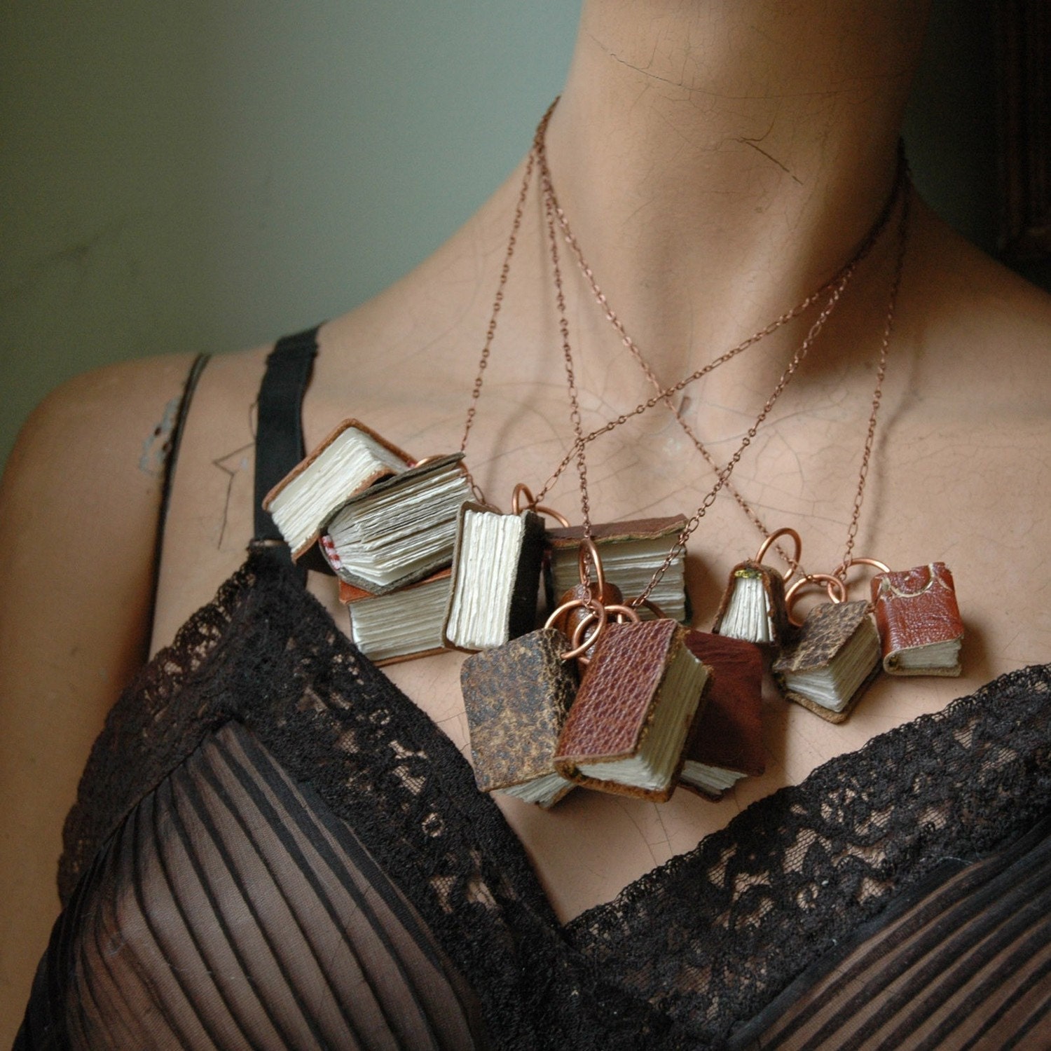 Book Necklace: Large, Brown, Tied, Personalized, Custom.