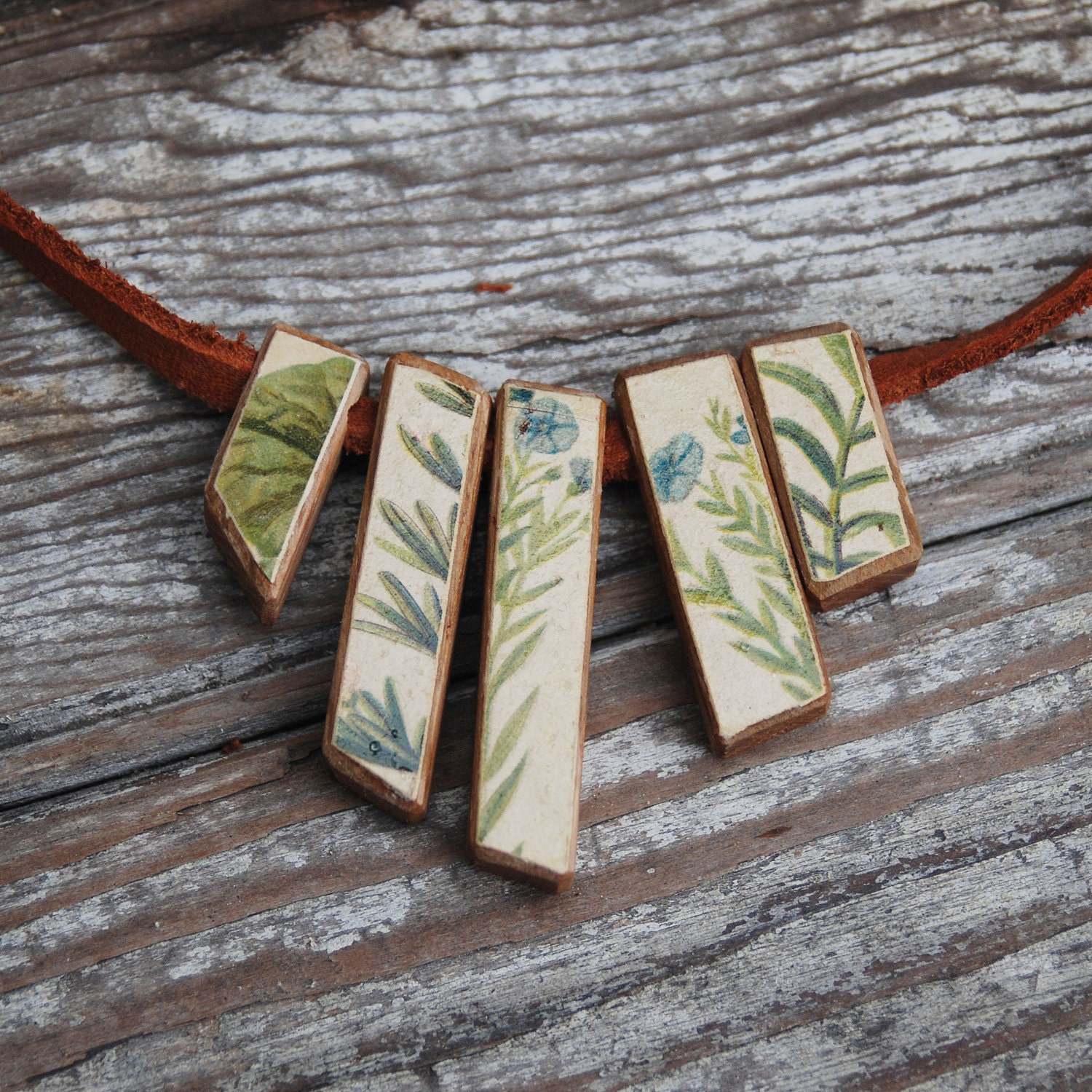 Green and Blue Botanical Necklace: Reclaimed Oak and Leather, Chromolithograoh from 1800s.
