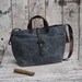 Waxed Canvas Tote: Slate, antique military leather, antique fabric pocket.