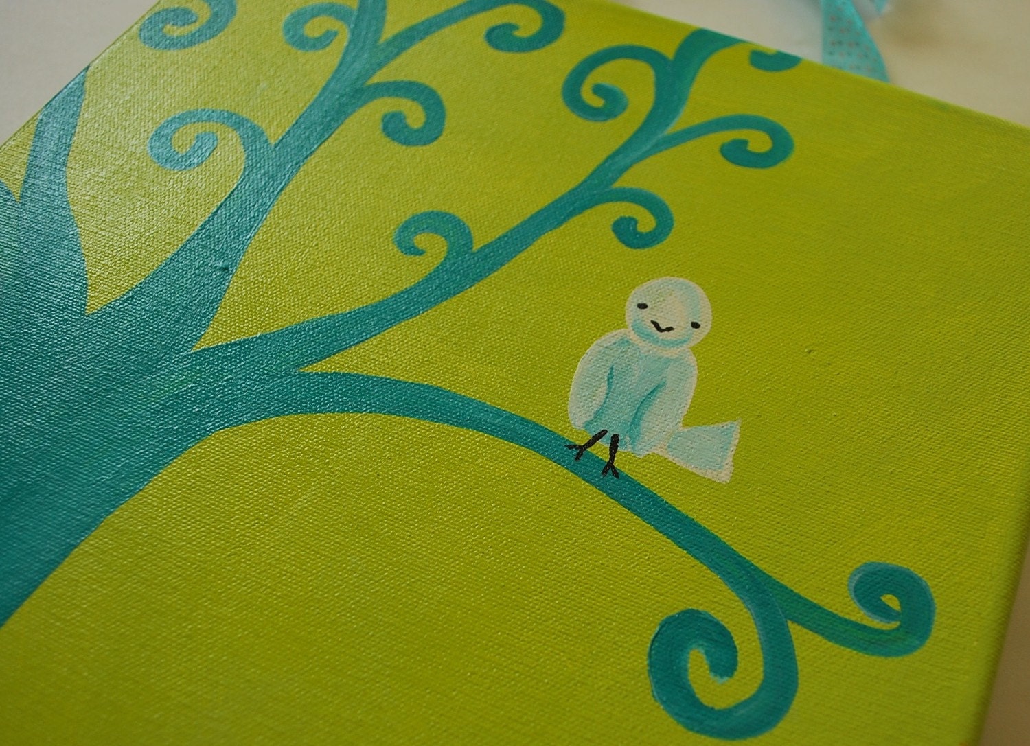 On a Willowbird Branch: bird and tree  blue and green whimsical original painting