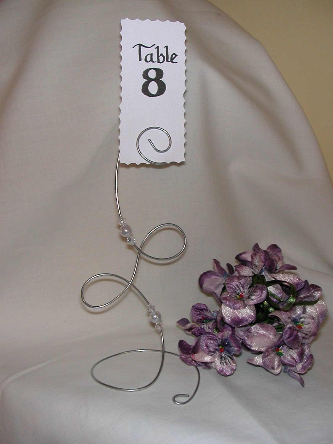 12 Silver Wire Table / Menu Card Holders / Valentine (Whimsical L for 'LOVE ' with Pearls and Crystals) 8 inches tall