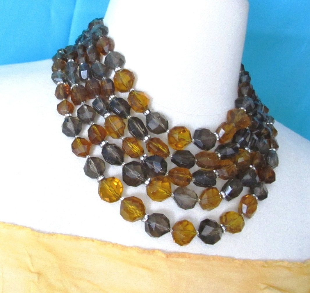 Smoke And Amber Vintage Bib Necklace Multi Strand Luxe Faceted Beads Rondelles Mad Men
