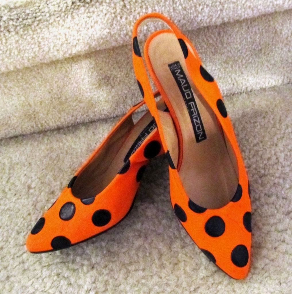 ORANGE You Glad It's Summer Shoes Maud Frizon Made in Italy Sling Backs Black Dots Orange Fabric