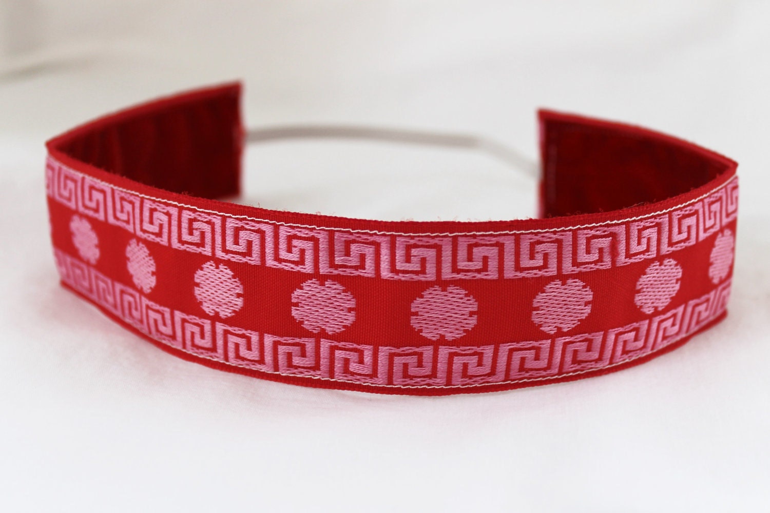 Non Slip Headband, Embroidered Red Pink Asian Inspired, Thick - DeMossDesigns