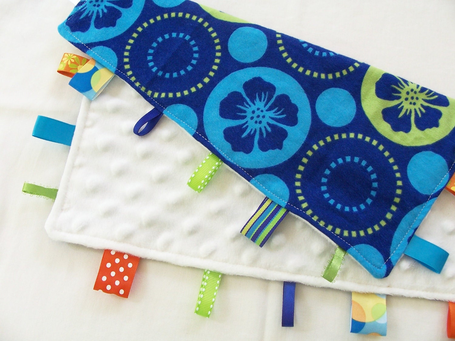 Ribbon Lovey Blue Teal Aloha Floral Flannel White Minky Dot