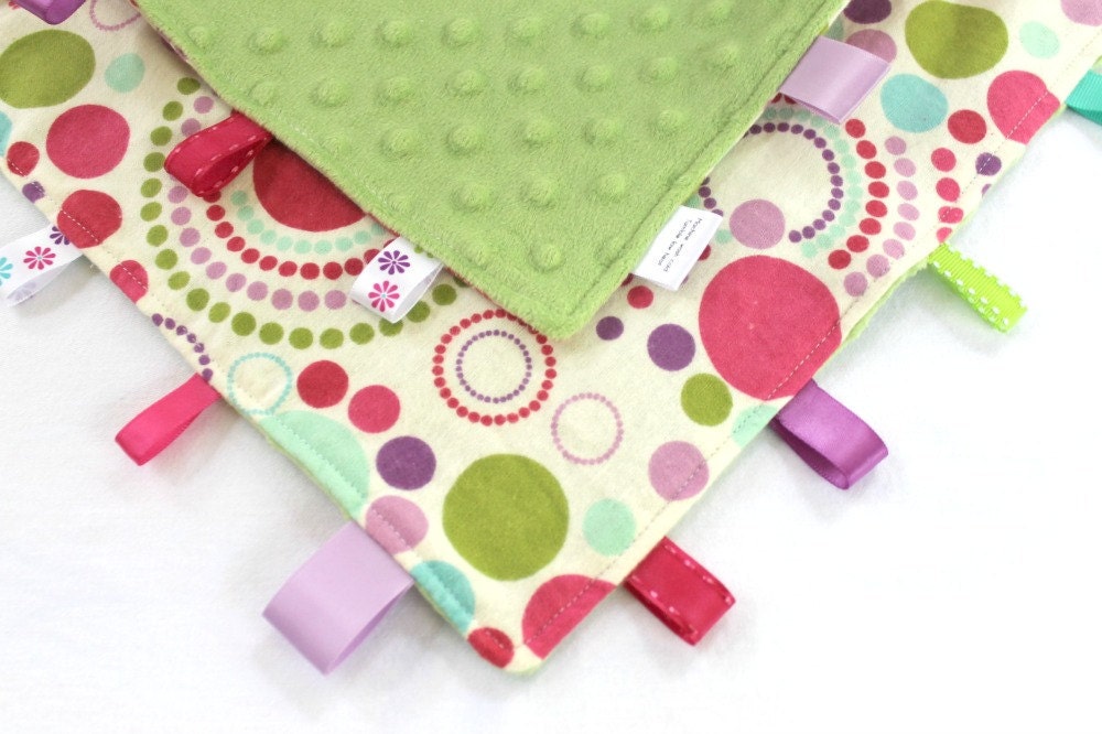 Girl Dots Ribbon Lovey Tag Blanket, Pink Purple with Lime Minky Dot