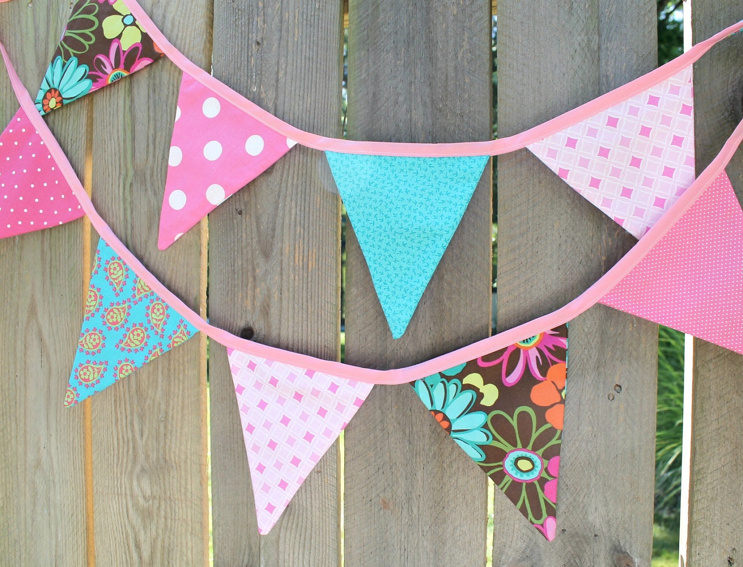 Bright Girl Reversible Fabric Flag Bunting, Pink Teal Brown, 10 Flag with Pink Ribbon