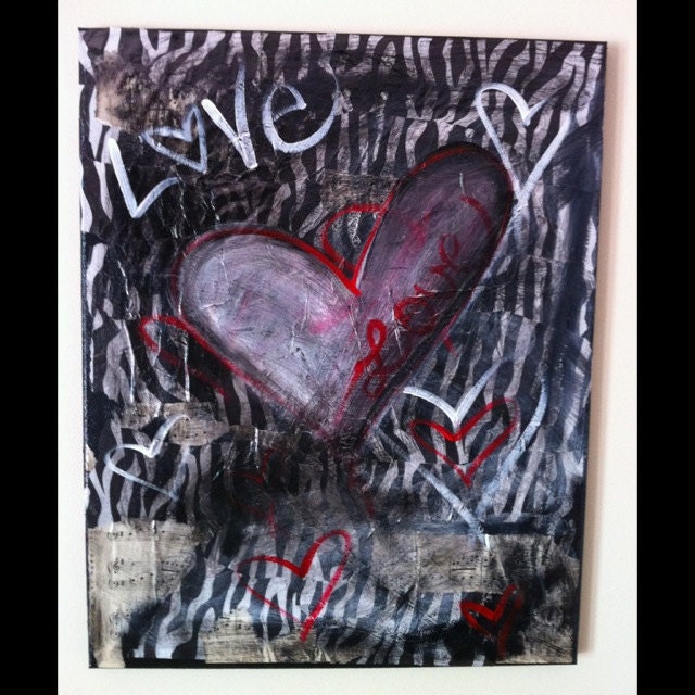 Mixed media Original Art Painting Love 16x20 zebra valentine Heart