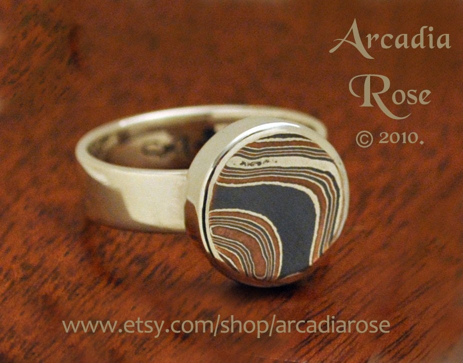 SALE - Mokume Gane Wave/Fine Silver Setting, Sterling Silver Ring by Stephenie Lynch.