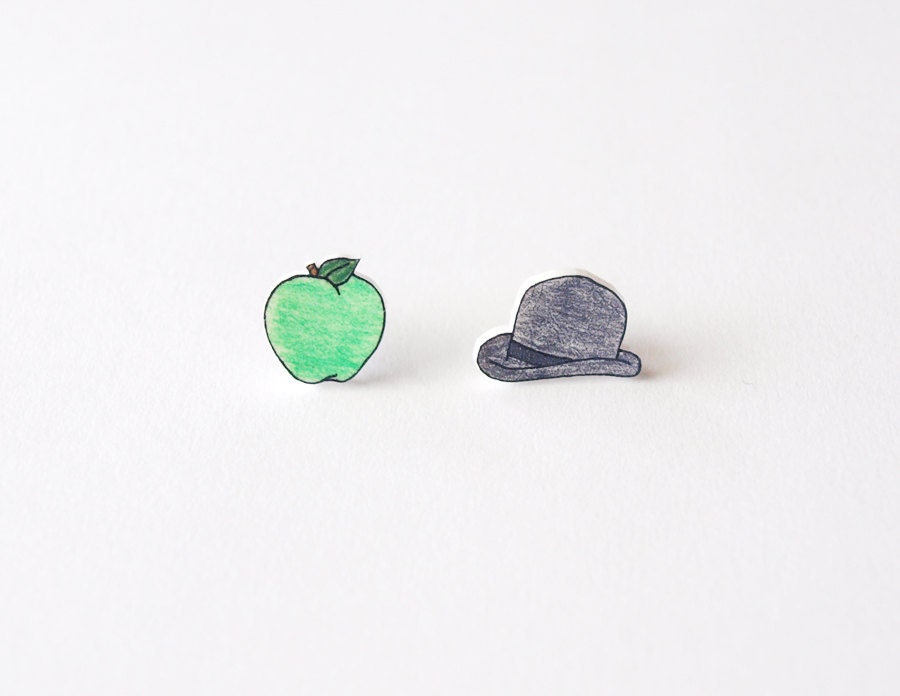 Apple and Bowler Hat Stud Earrings - Made To Order