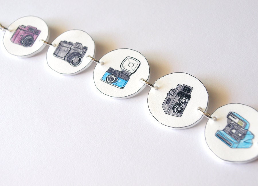 5 Film Cameras - Hand Drawn Bracelet - Made To Order
