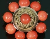 Victorian antique blood coral gold brooch with filigree 14k red gold