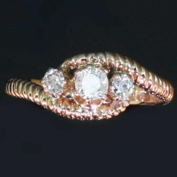 Antique red gold diamond Victorian ring ribbed shenk