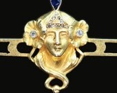 Art Nouveau gold pin brooch blue sapphire diamonds, antique jewelry