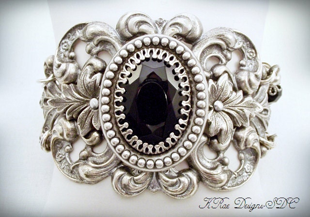 Victorian Gothic Antique Silver Filigree Bracelet Featuring a Vintage Jet Black Glass Jewel-Victorian Jewelry