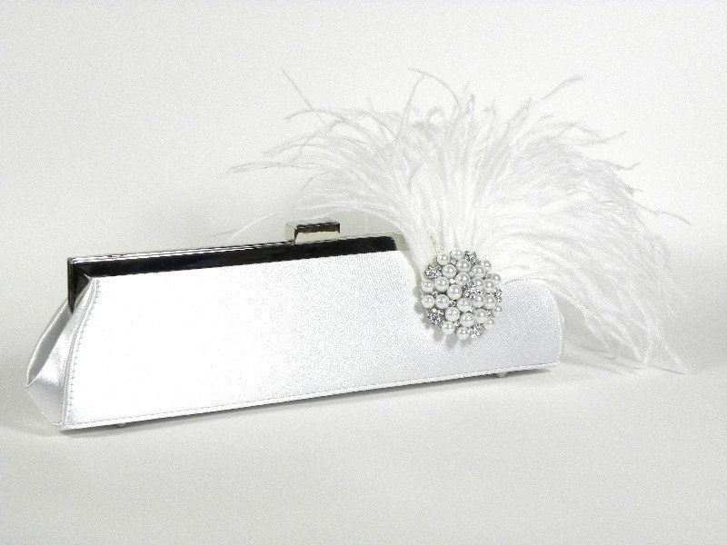 ISABELLE - White Satin Bridal Clutch with Ostrich Feathers Crystals Pearls