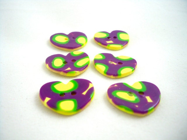 Mod heart buttons set of six purple, yellow, green fun colors polymer clay