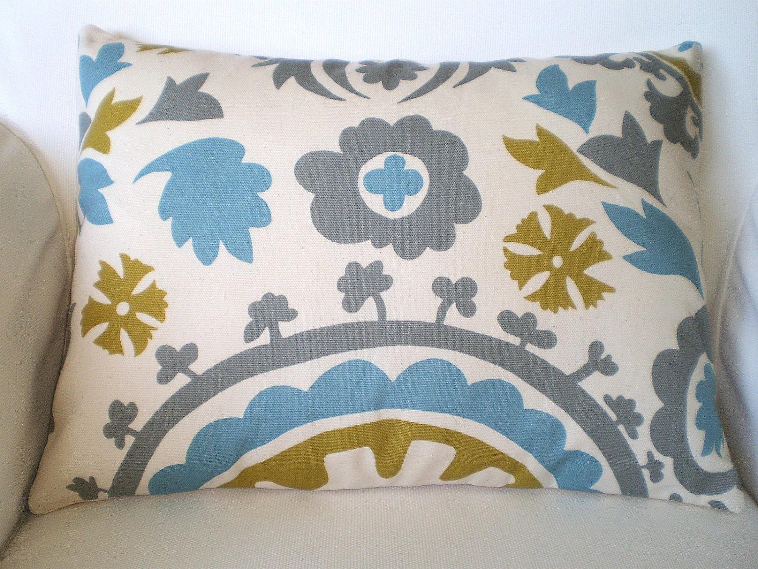 Pillows Decorative Pillows Accent Pillows Throw Pillows Cushion Covers Gray Citrine Aqua Cream Suzani  BOTH SIDES - One 12 x 16