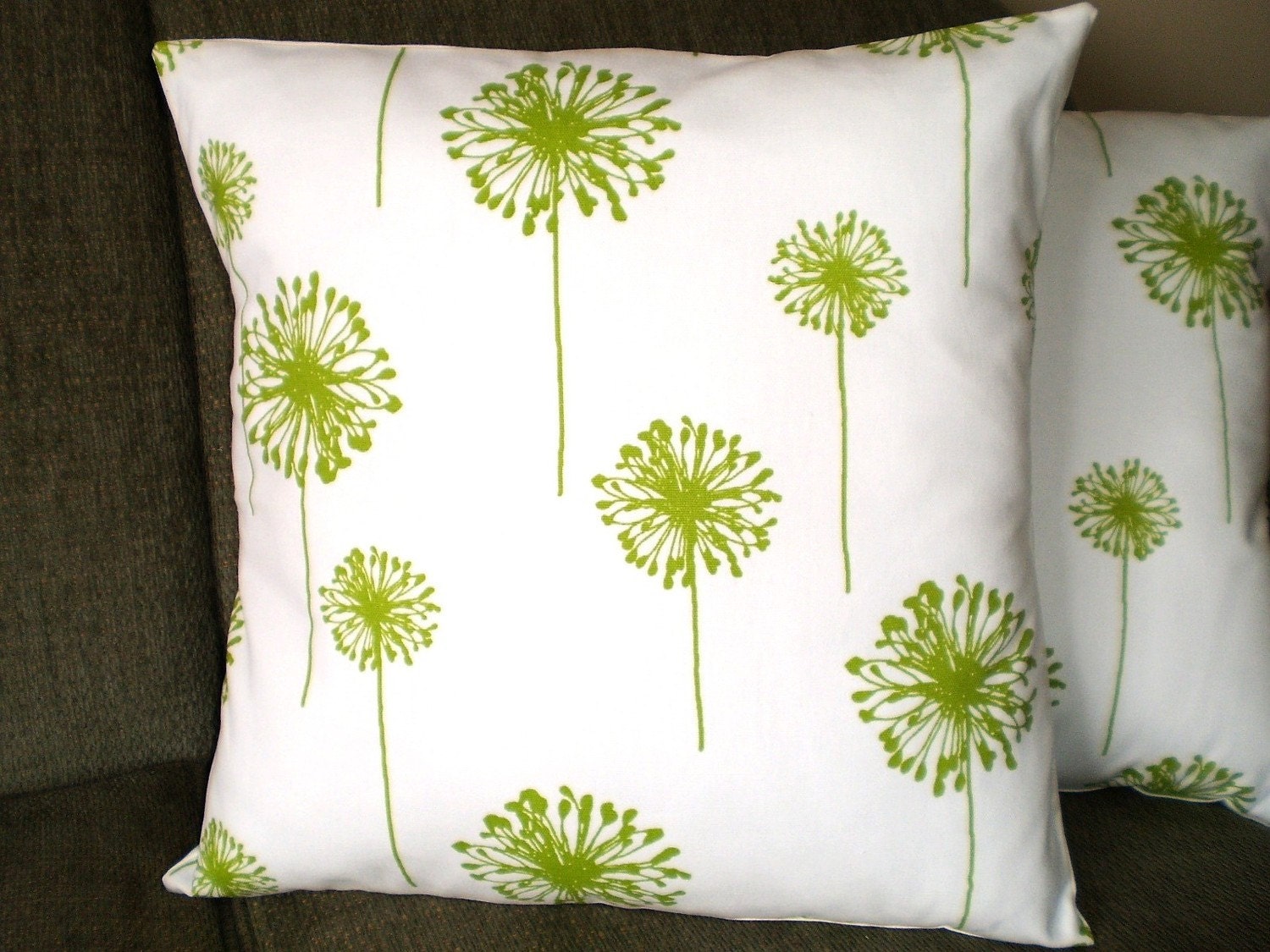 Throw Pillows Decorative Pillows Accent Pillows Cushion Covers Lime Green White Dandelion BOTH SIDES- Two 16 x 16