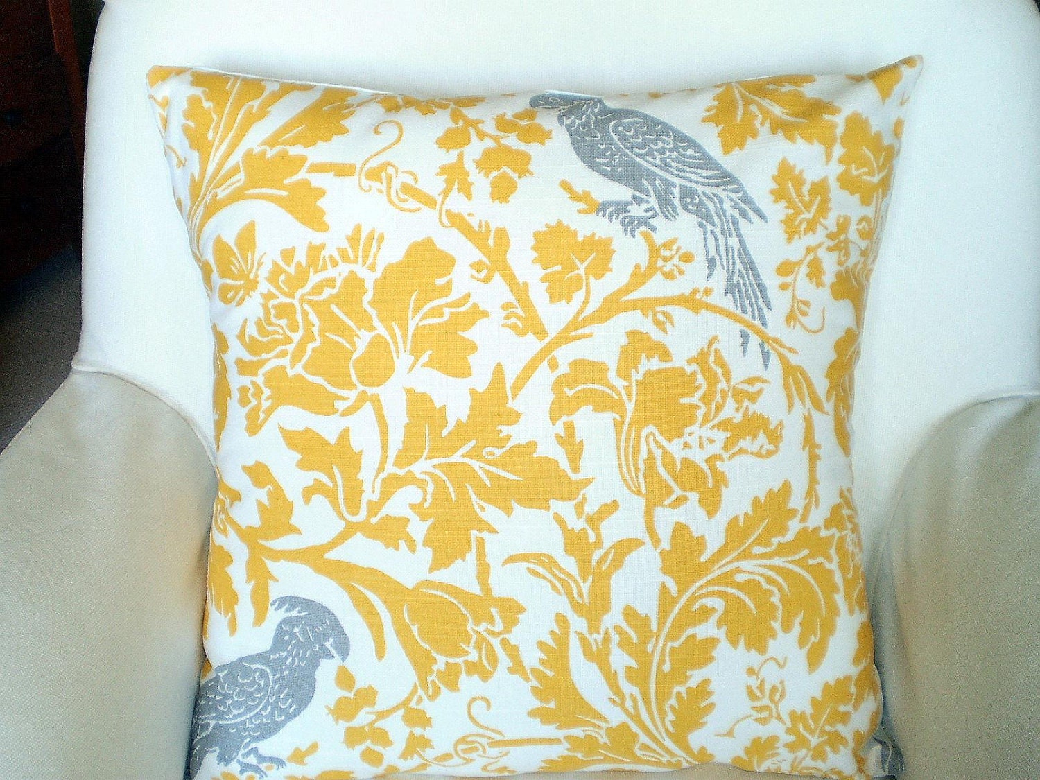 Throw Pillows Decorative Pillows Accent Pillows Cushion Covers Yellow White Floral Gray Bird BOTH SIDES - Pair of Two 18 x 18