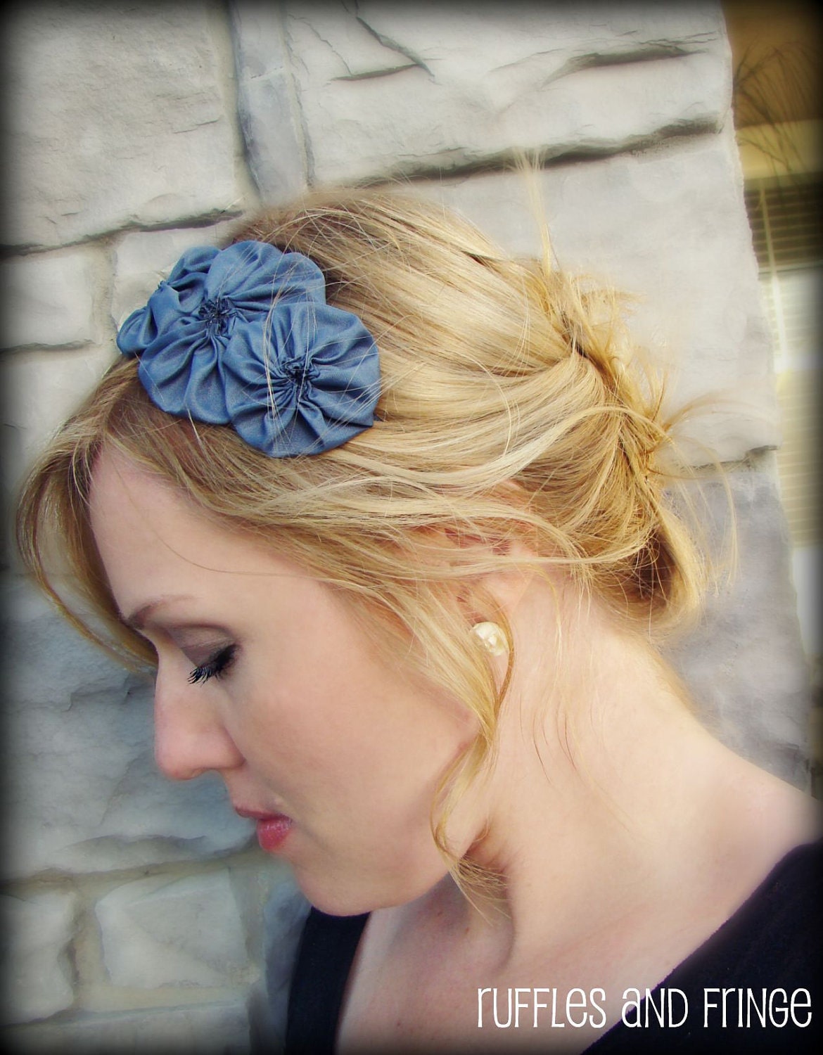 Headband for Women, Blue Grey Rosette Trio Headband for Adults and Girls with Priority Shipping