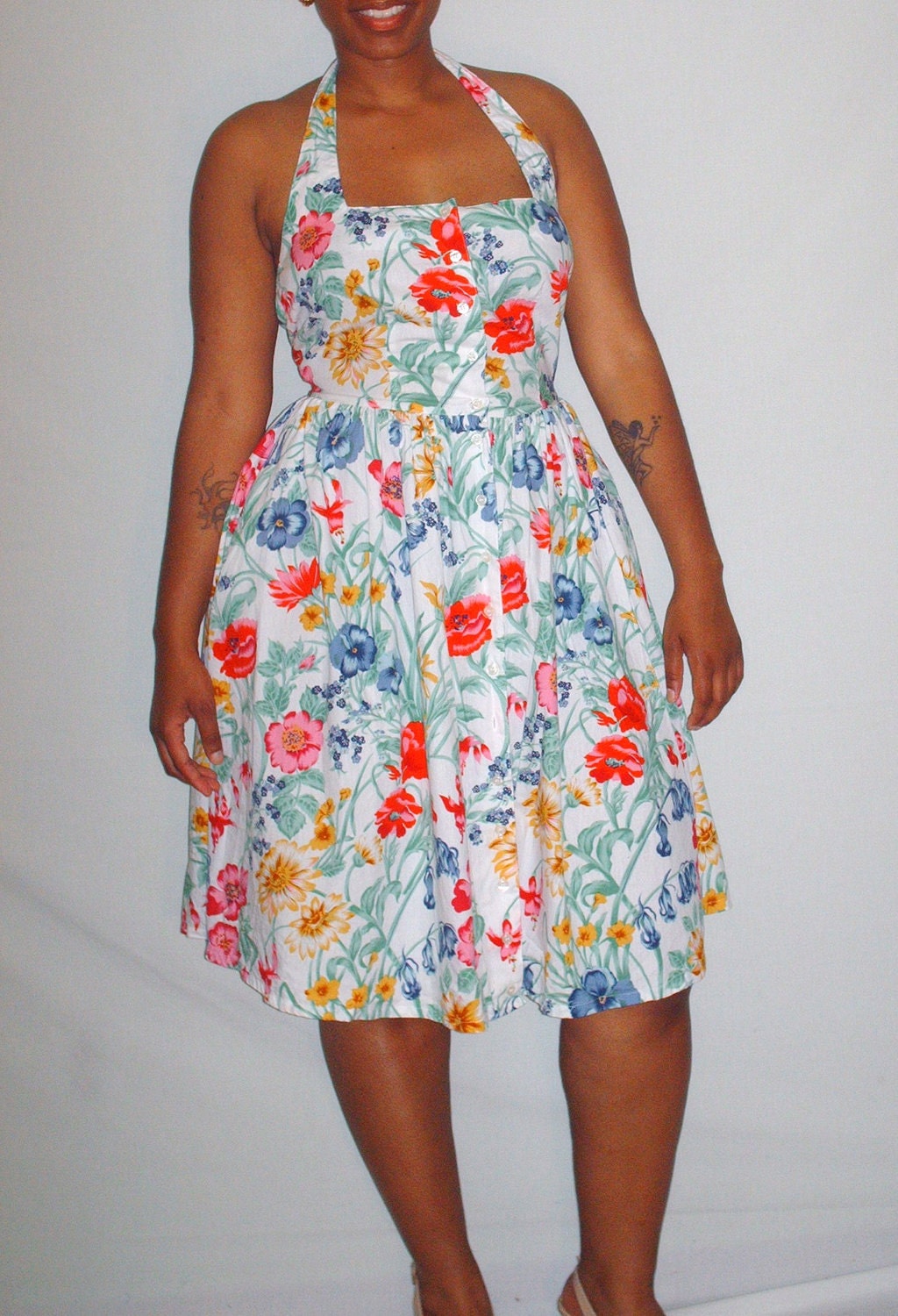 Vintage 1980s Halter Dress Floral Design