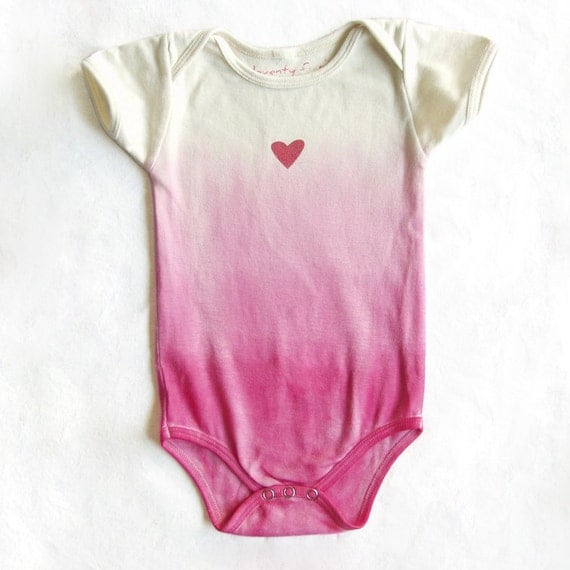 SALE 50% OFF - OOAK Hot Pink Heart Organic Bodysuit Natural Printed and Dip Dyed Ombré 12-18 months