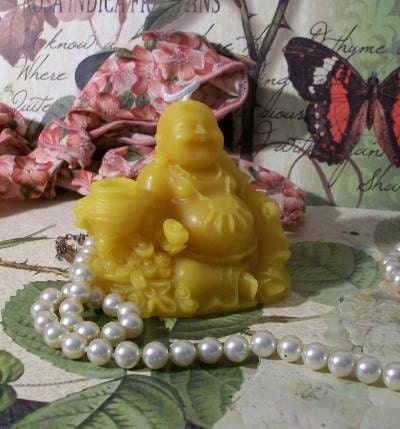 Beeswax Sitting Buddha Candle Holding Ingot And Prayer Necklace
