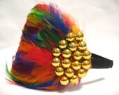 Rainbow Bright - multicolored feather headband with rounded gold studs - red, blue, yellow, green, orange, purple