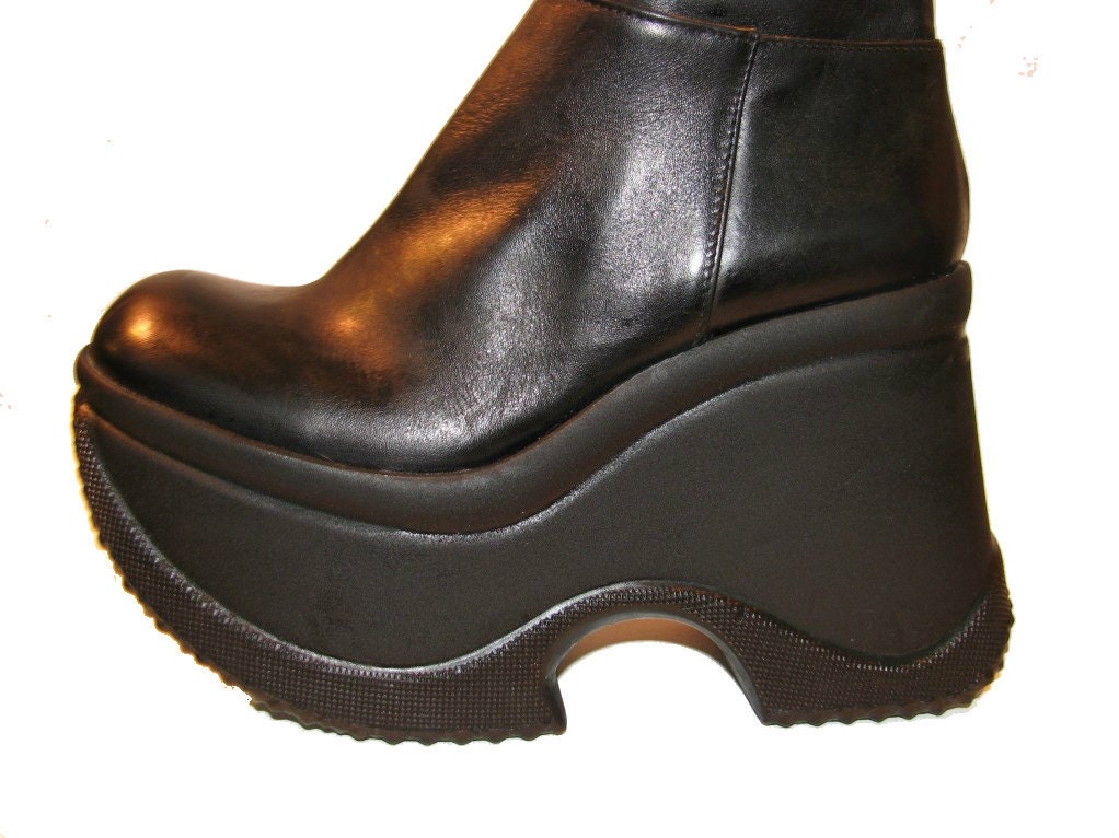 Vintage Soft Black Leather Knee High Cyber Glam Platform Boots size 6