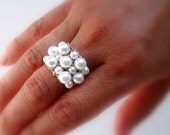 White Pearl Cocktail Ring June Birthstone Hand Knit Silver Wire Jewelry White Cluster Ring Right Hand Ring