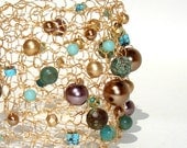 Turquoise Gold Chocolate Wire Cuff Bracelet Statament Bracelet Original Jewelry Arm Cuff Pearl Aged Turquoise LIMITED edition Beaded Knit