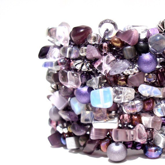 Amethyst Statement Cuff Bracelet Unique Purple Lavender Beadwork Beaded Arm Cuff Semi Precious Stone Hand Knit Jewelry Plum Glam Cuff