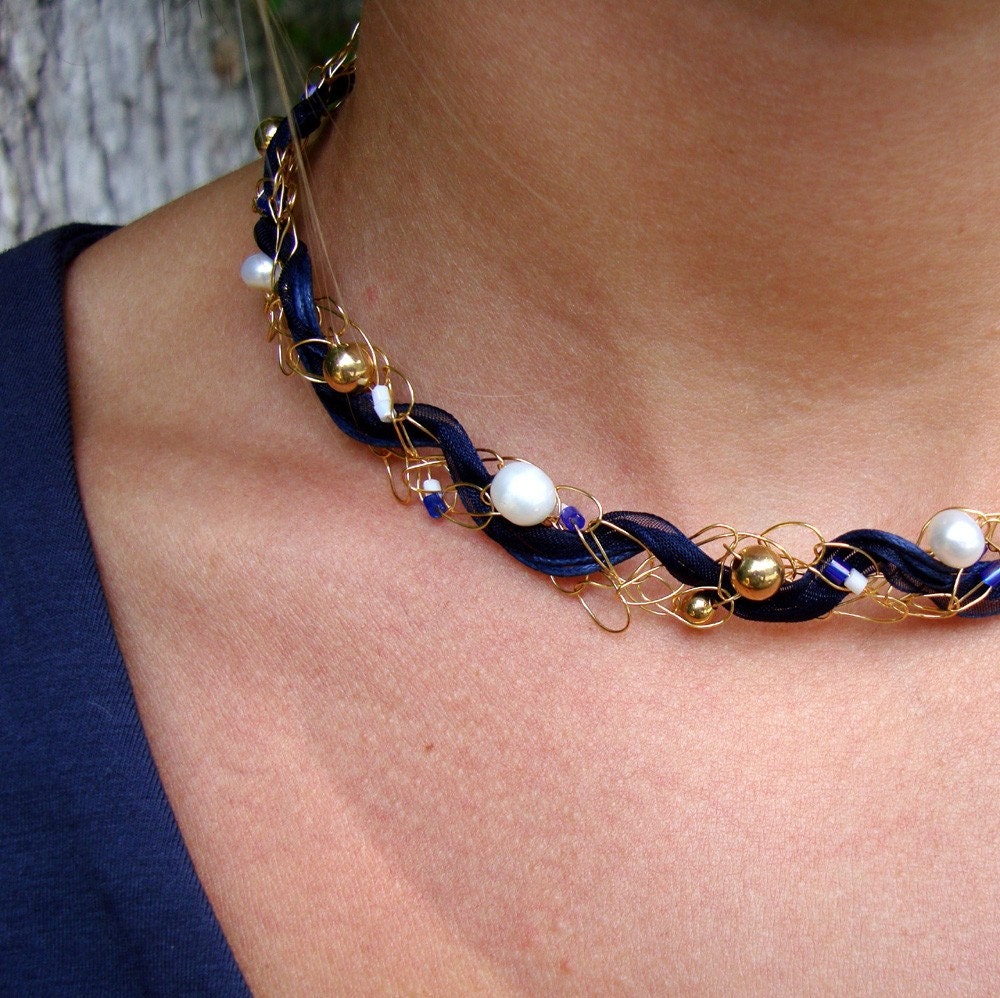 Nautical Navy Blue Ribbon Gold Wire Choker OOAK Summer gold, navy & white pearls Lapisbeach Unique Knit Jewelry