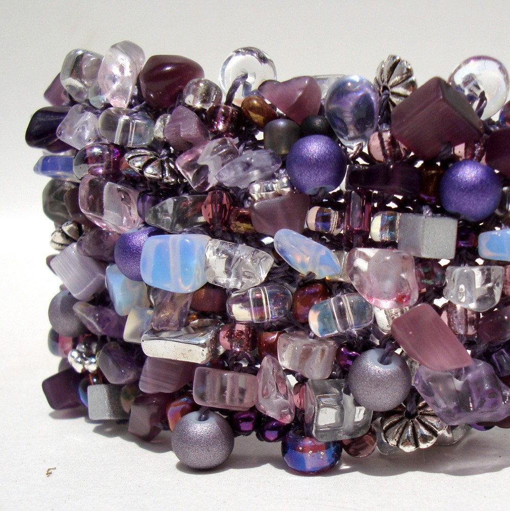 Amethyst Statement Cuff Bracelet Unique Purple Lavender Beadwork Beaded Arm Cuff Semi Precious Stone Hand Knit Jewelry Plum Glam Cuff