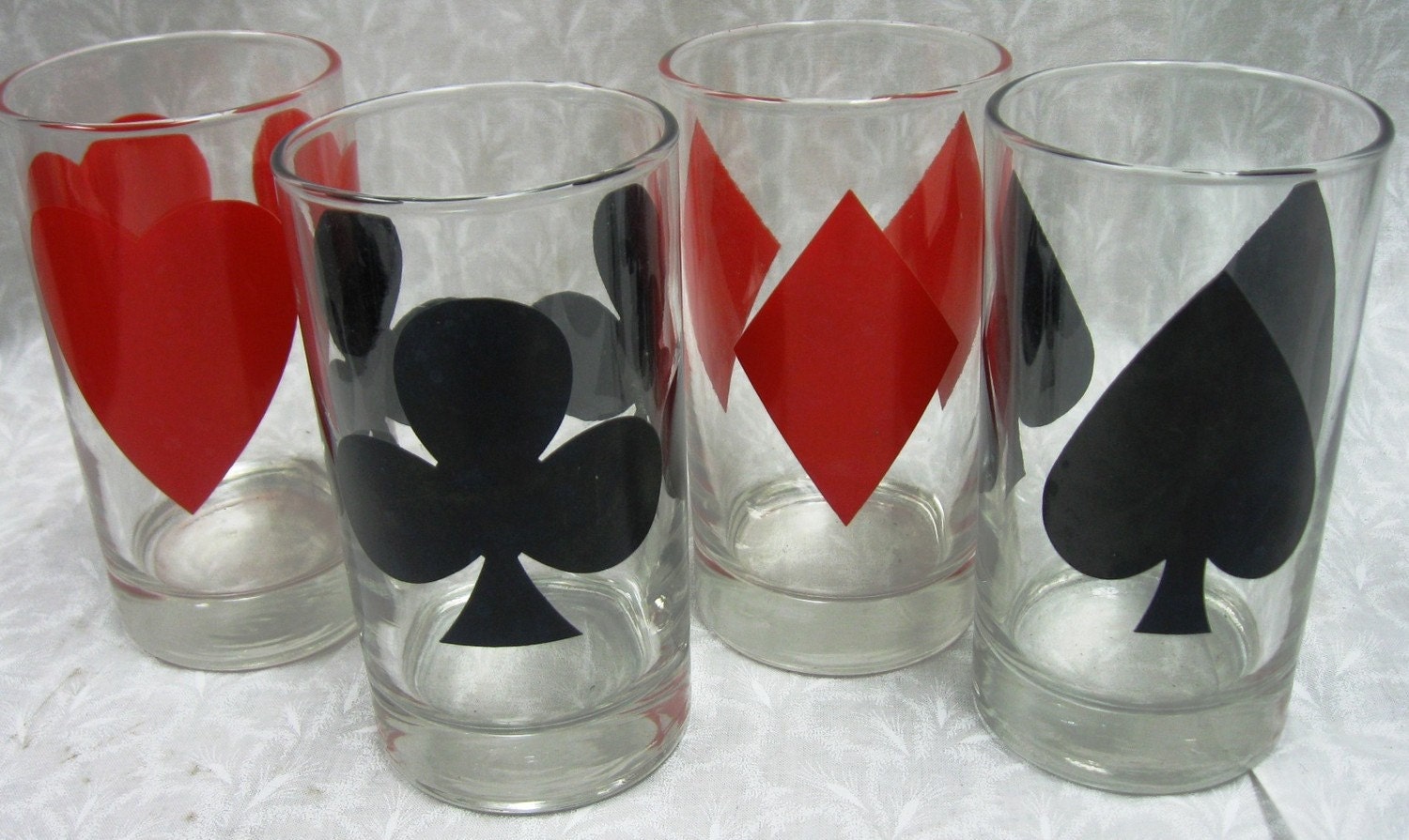 4 Drinking Glasses Playing Card Suits by RedGateFarmVintage