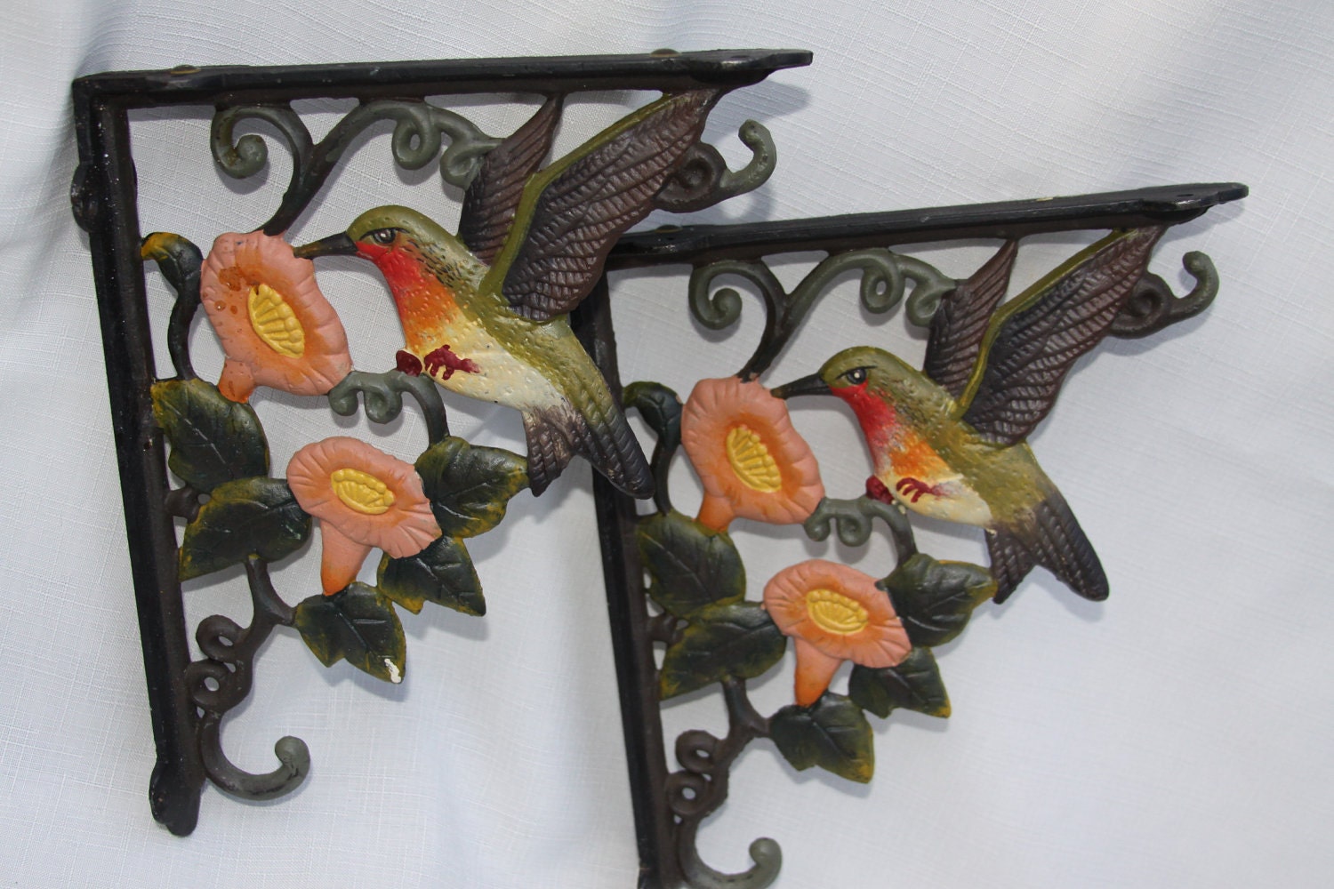 Garden Shelf Brackets Plant Hanger Hummingbird Morning Glories Cast Iron Painted