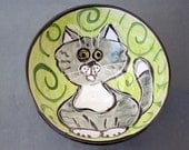 Bowl Majolica Earthenware Clay Ceramic Pottery Grey Gray and White Cat on Green Handmade