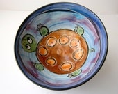 Ceramic Cereal Majolica Pottery Bowl Earthenware Clay Brown Spotted Turtle on Blue Handmade