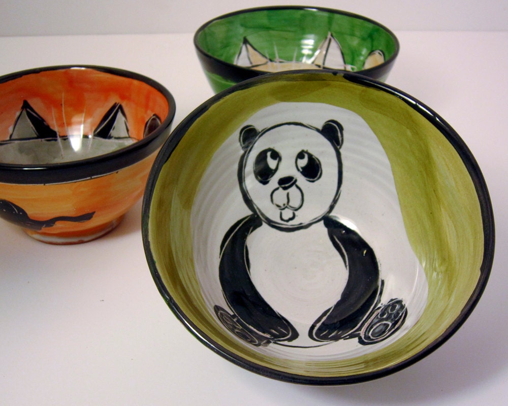 Small Childs Bowl Majolica Clay Earthenware Pottery Panda Bear Black and White on Olive Green / Clay Lick Creek Pottery