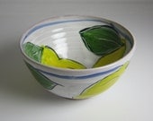 Handmade Majolica Pottery Bowl Clay Terracotta Yellow Lemons on White Kitchen Prep