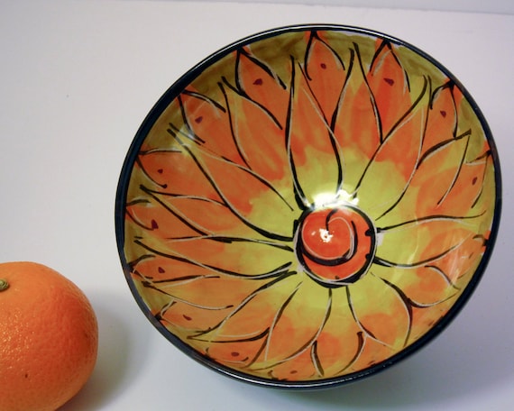 Handmade Majolica Earthenware Clay Pottery Small Serving Bowl Orange Yellow Lotus Flower / Clay Lick Creek Pottery