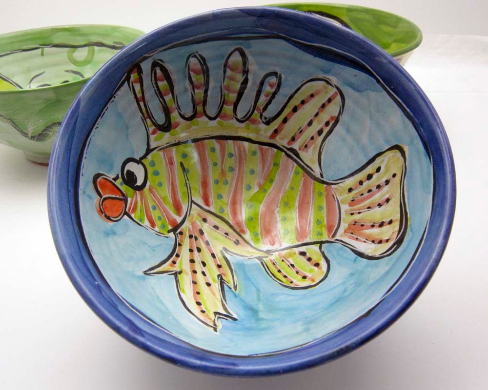 Handmade Ceramic Pottery Majolica Bowl Serving Earthenware Clay Lion Fish Blue and Yellow Gold