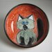 Majolica Pottery Feeding Bowl Dish Clay Siamese Cat Grey Gray on Red / Clay Lick Creek Pottery