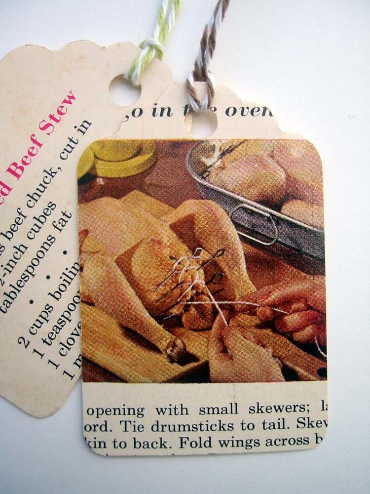 Meat- Vintage Cookbook Gift Tags- One Dozen Random Selection- Bakers Twine Strings- Ready to Ship