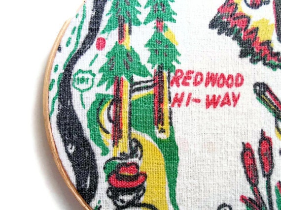 Repurposed Vintage California Tablecloth- Embroidery Hoop Wall Hanging- Redwood- 6 inches in Diameter- Ready to Ship